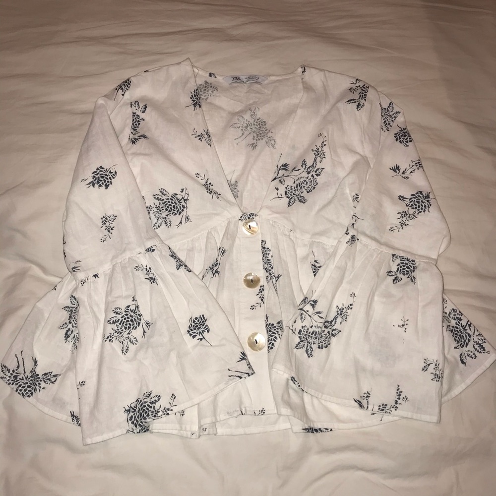 Zara White Plunging Flare Sleeve Top